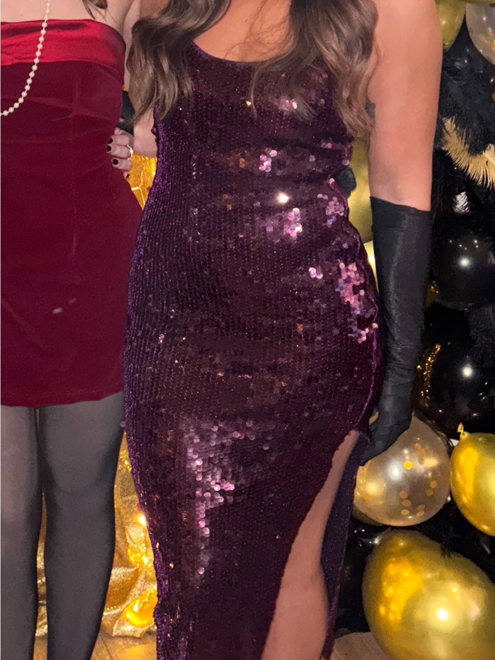 Zara Sequin Halter Maxi Dress maroon